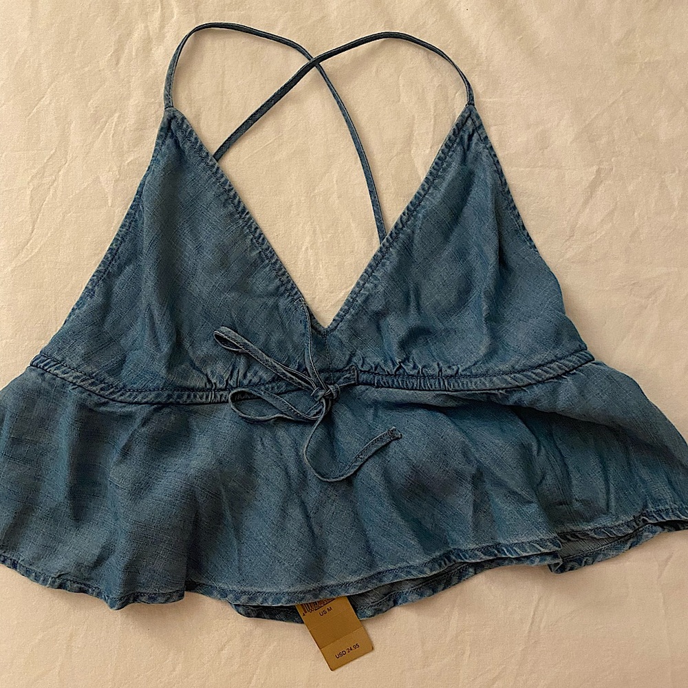 American Eagle Denim Cross Back Crop Top (Size Medium)